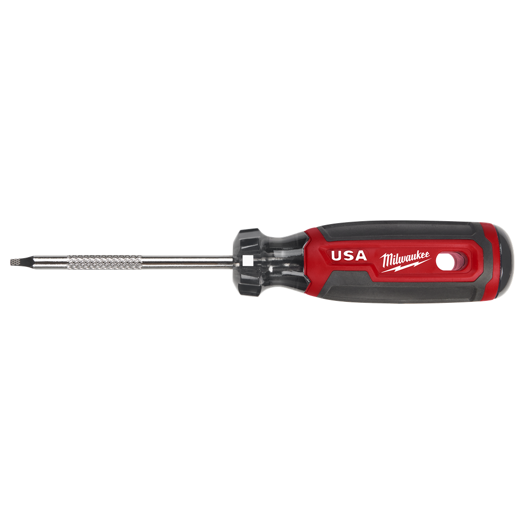Red and black cushion grip screwdriver with square tip and chrome shaft for tools and home improvement tasks