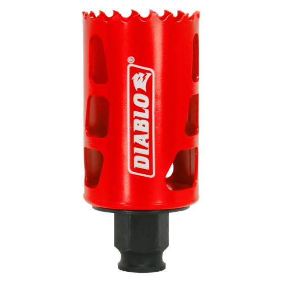 Red Diablo hole saw with steel construction and sharp teeth for woodworking and home improvement tasks