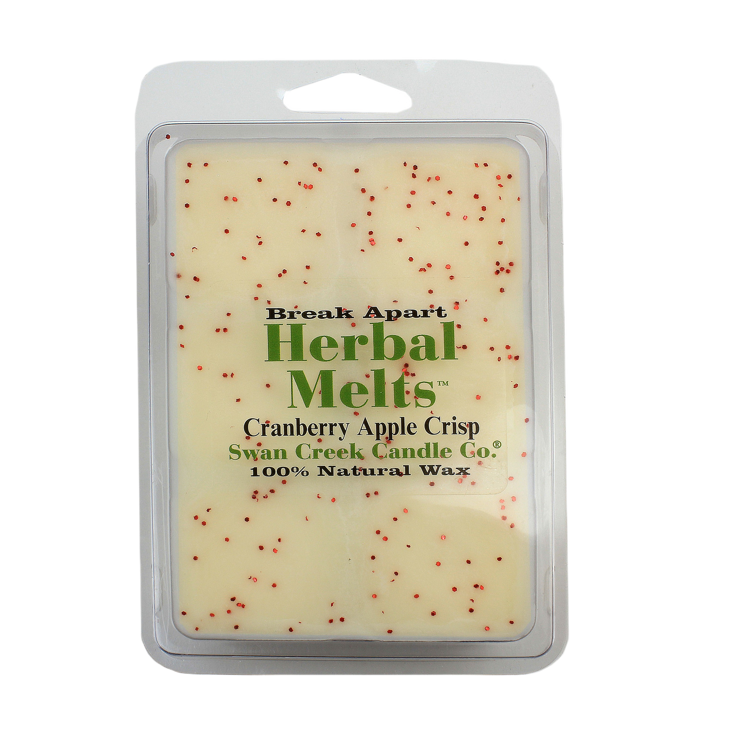 White wax melts with red speckles in clear clamshell packaging for home fragrance use