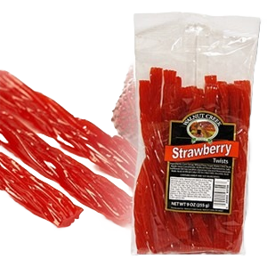 Clear bag of red strawberry twist candy sticks from chocolates and candies under $25 collection