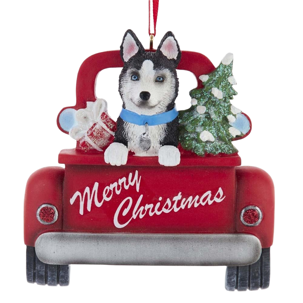 Red truck ornament with husky dog, Christmas tree, and gifts in festive holiday decorations collection