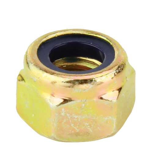 Gold-toned lock nut with nylon insert for secure fastening, suitable for John Deere parts and home improvement tools.