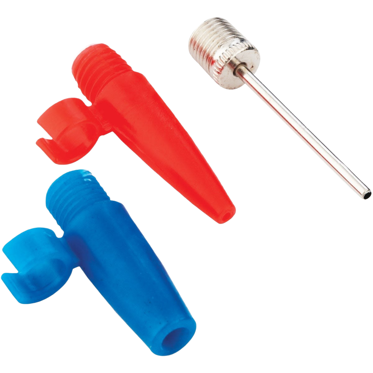 Set of red and blue plastic inflator adapters with a metal needle attachment for versatile home improvement tools use