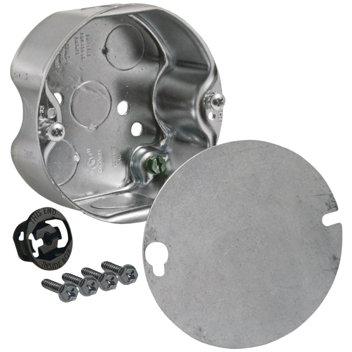 Metal octagon electrical box with cover plate, mounting screws, and gasket for electrical and home improvement projects