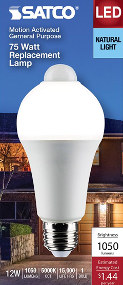 Satco LED bulb with motion sensor, natural light, energy-efficient 12W replacement for home lighting and electrical use