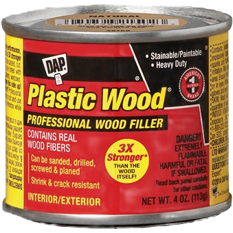 Small can of heavy-duty plastic wood filler with real wood fibers for interior and exterior repairs in patching and repair collection