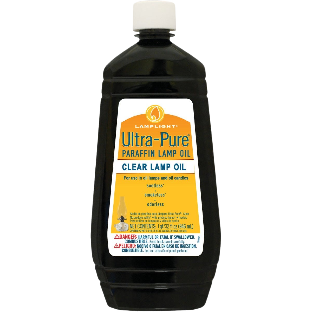 Clear paraffin lamp oil in a black plastic 32 oz. bottle designed for smokeless and odorless burning