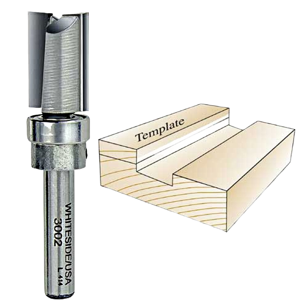 High-quality Whiteside template router bit next to wood piece showing precise groove cut for tool accessories and home improvement