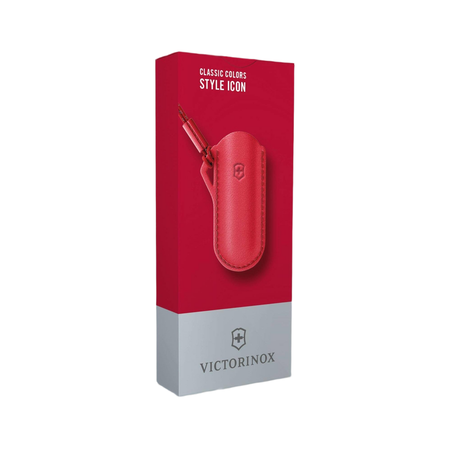 Red leather pouch with embossed logo, designed for carrying small tools, in a red and gray Victorinox branded box for retail.