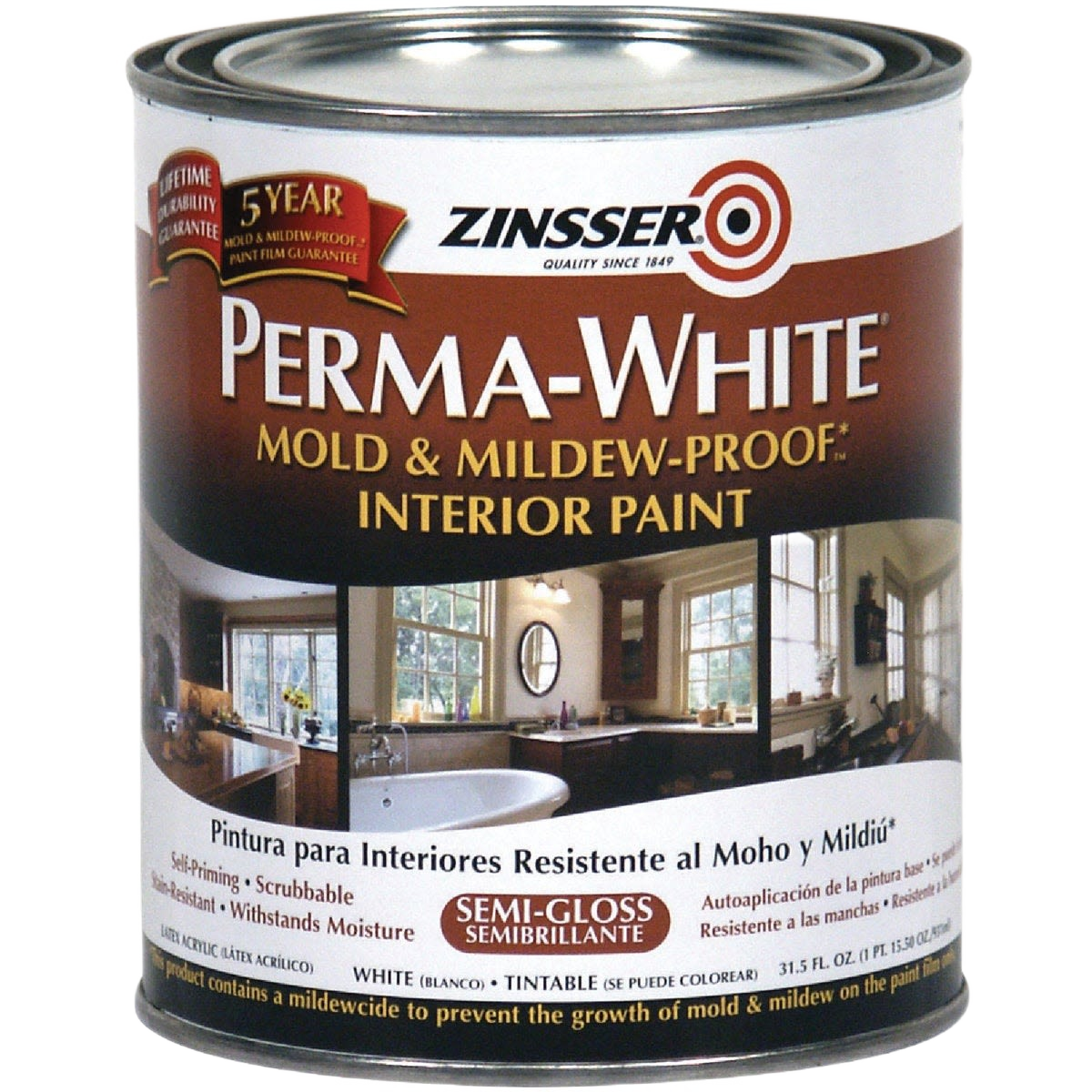 Quart container of Zinsser Perma-White semi-gloss mold and mildew-resistant interior paint in Stains & Sealers collection
