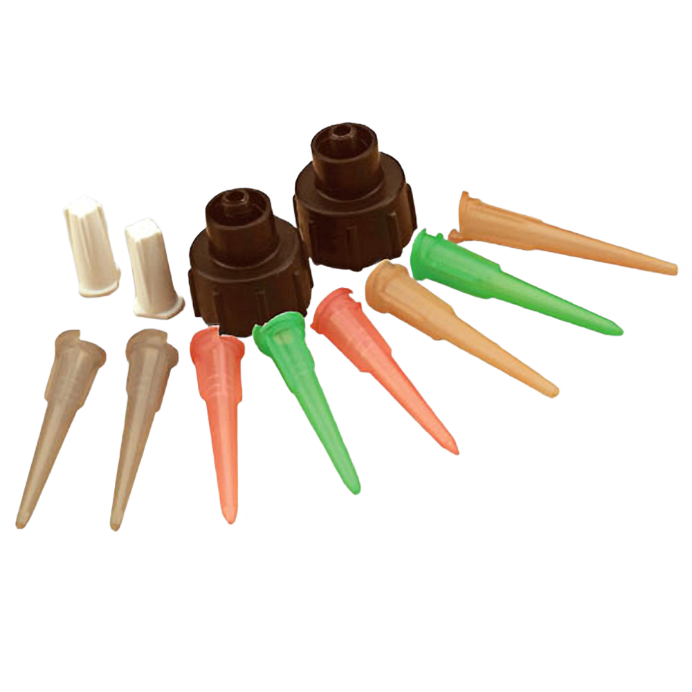 Variety pack of colored glue tip adapters and storage caps for precise application in home improvement projects.