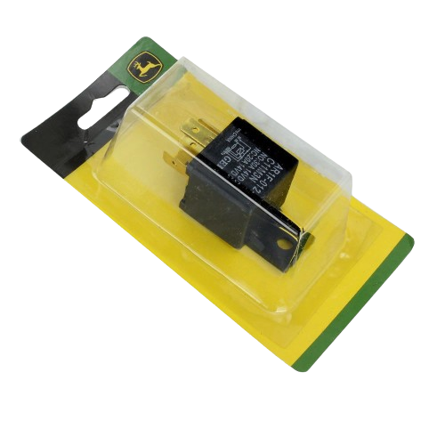 Black electrical relay with metal mounting tab in clear plastic packaging on yellow and green John Deere branded card
