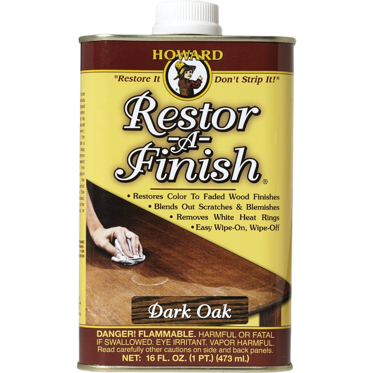 Metal container of dark oak wood finish restorer for restoring color and blending scratches in wood finishing tools
