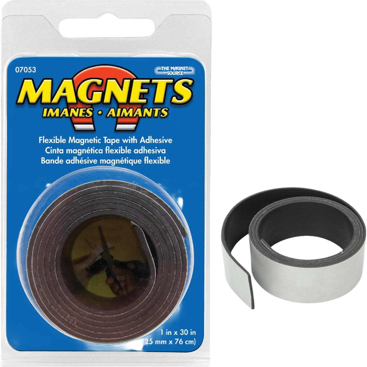 Flexible adhesive-backed magnetic tape roll for securing metal items in hardware and office supply collections
