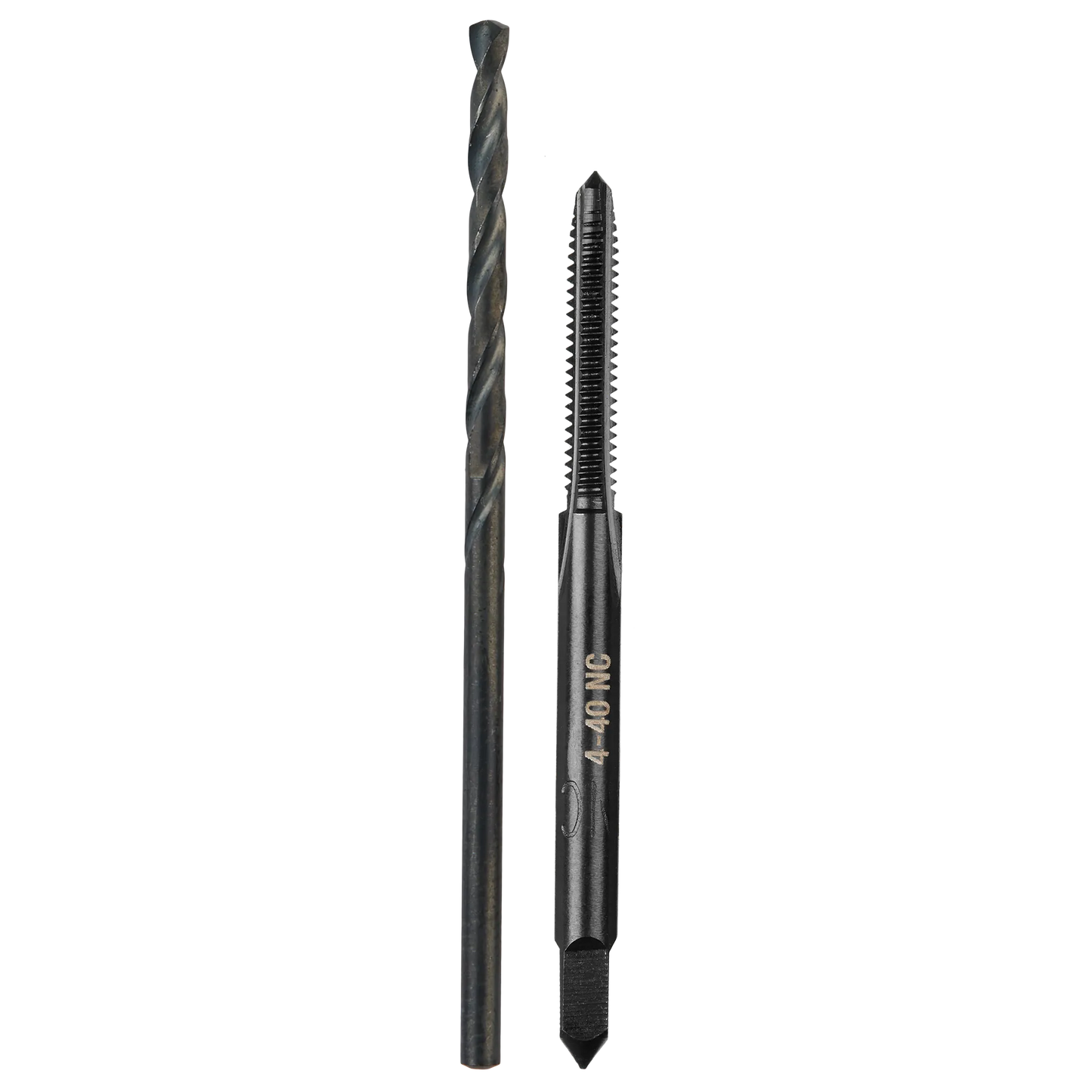Set of black straight flute plug tap and drill bit for threading and drilling in tools and home improvement tasks
