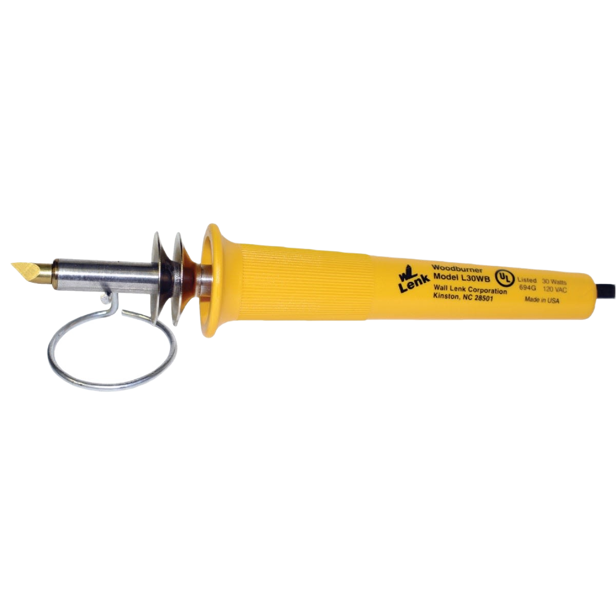 Yellow wood burning tool with metal tip and heat guard for detailed woodworking and home improvement projects