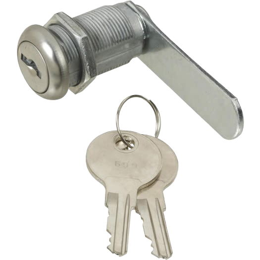 Chrome utility lock with die-cast zinc body, steel bar, and two keys for furniture hardware and home improvement projects