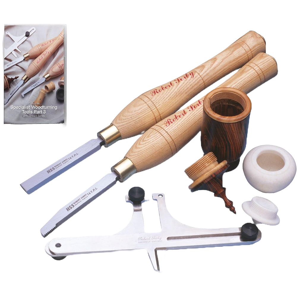 Set of Robert Sorby woodworking tools with wooden handles and metal measuring gauge for precise thread cutting tasks
