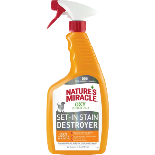 Orange spray bottle of Nature's Miracle odor control formula for removing set-in stains from pet messes