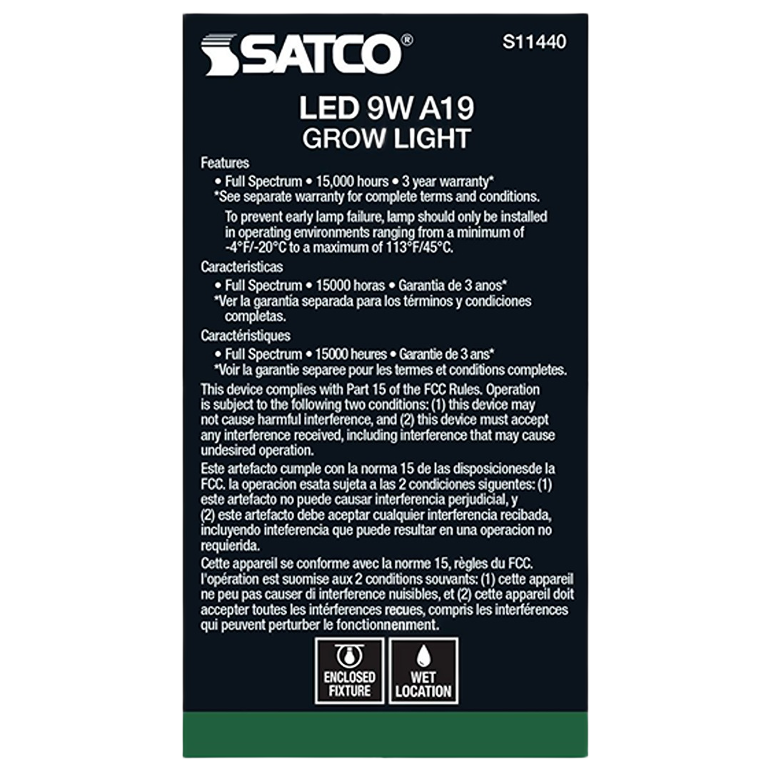 Packaging for Satco 9 watt LED A19 grow light featuring full spectrum and long lifespan in lighting and electrical collections