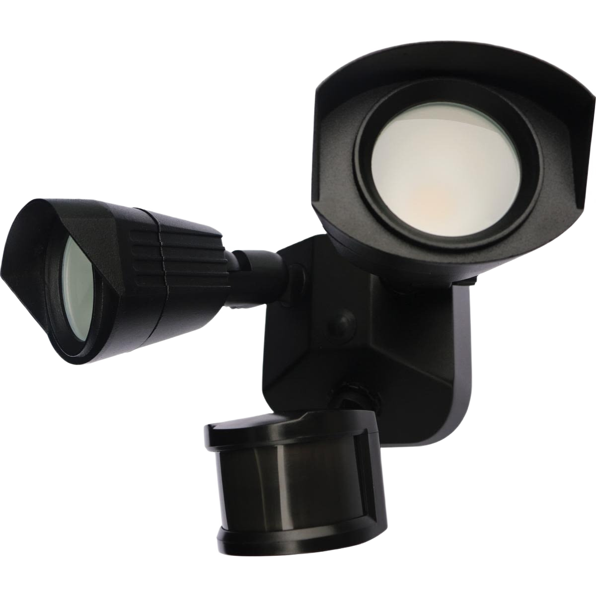 Black dual-head LED security light with motion sensor for outdoor lighting and home security improvements