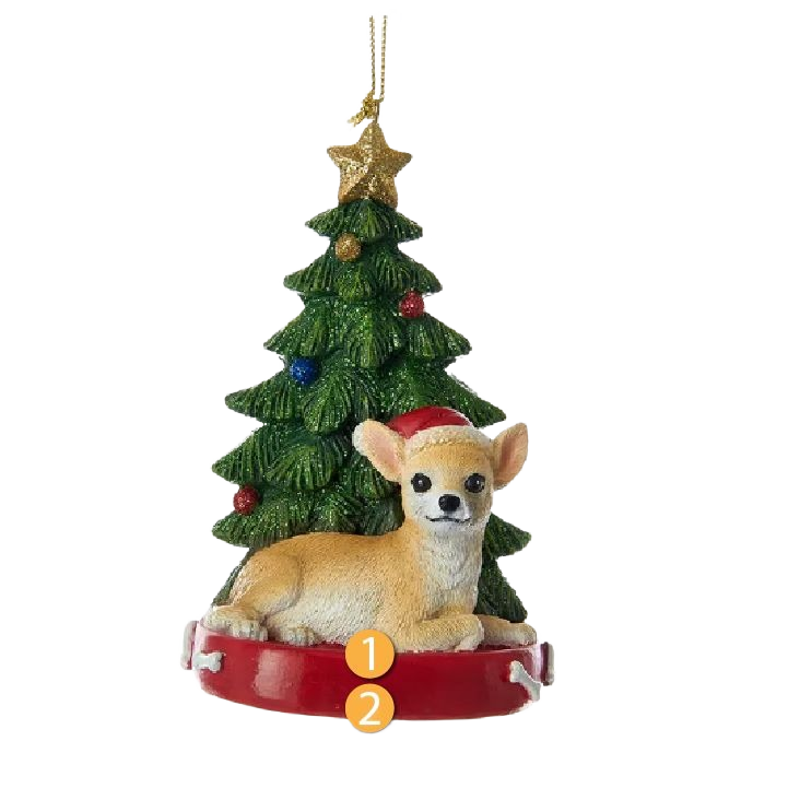 Christmas ornament featuring a reclining Chihuahua wearing a Santa hat beside a decorated tree in holiday decor collections