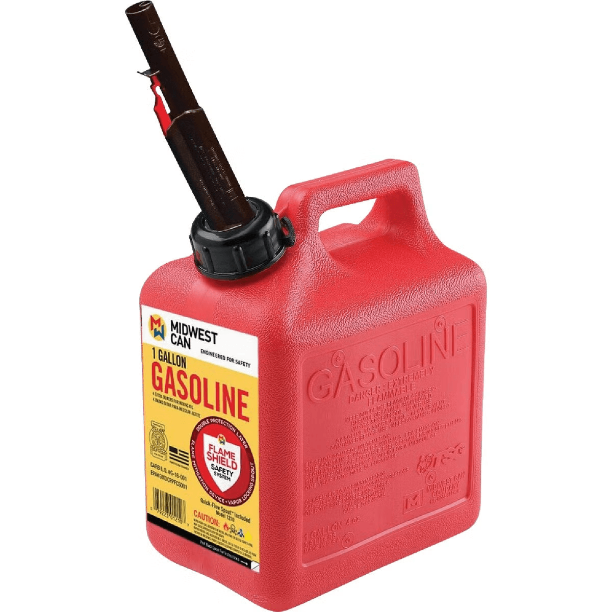 Red plastic 1-gallon gasoline fuel can with auto shut-off spout for automotive tools and parts accessories