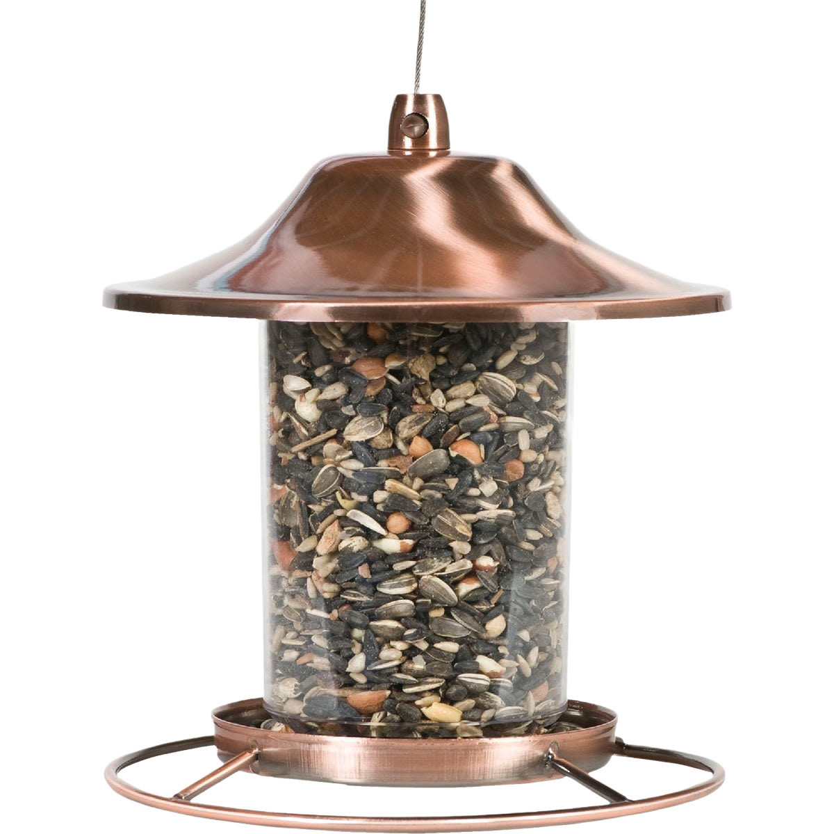 Copper finish bird feeder with clear seed compartment and circular feeding tray designed for outdoor use