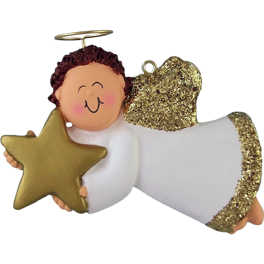 Brunette male angel ornament with gold star and glitter wings for Christmas tree decoration under 50 collection