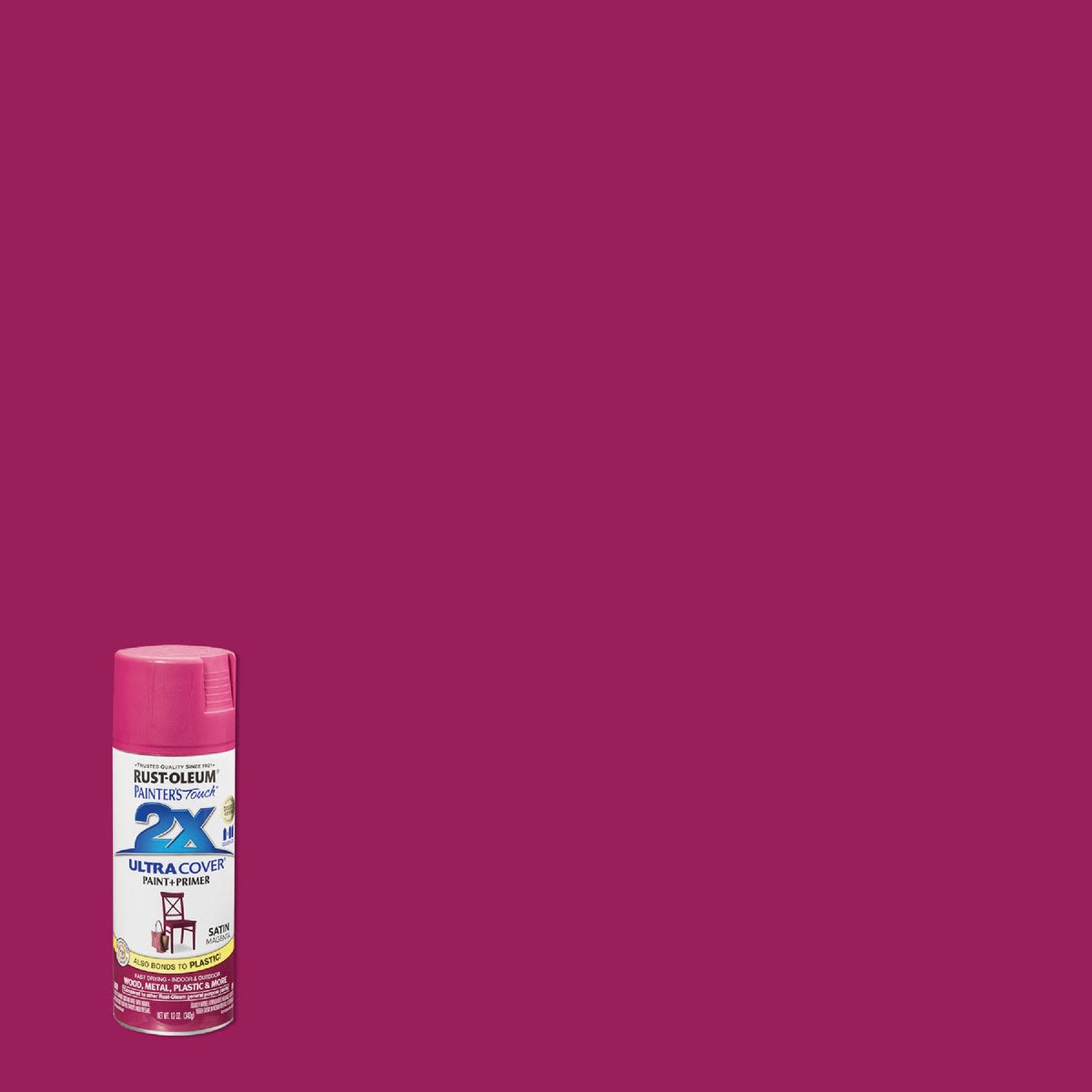 Can of magenta satin spray paint and primer for multi-surface use in home improvement collections under $50