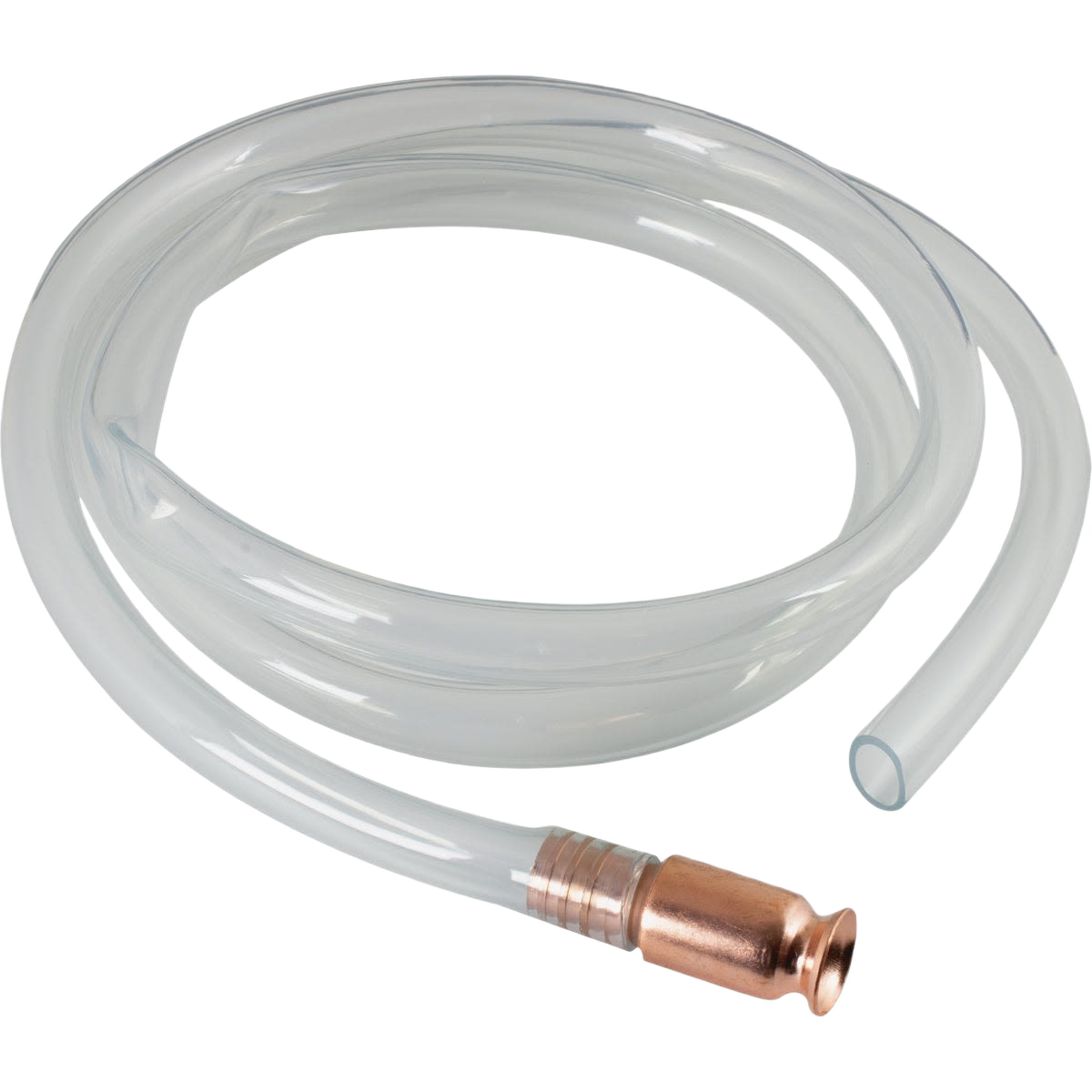 Clear flexible siphon hose with copper metal shaker pump attachment for fluid transfer in home improvement tasks