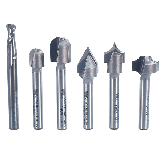 Set of six precision CNC router bits with 1/4 inch shanks for lettering and decorative woodworking in tool accessories collections