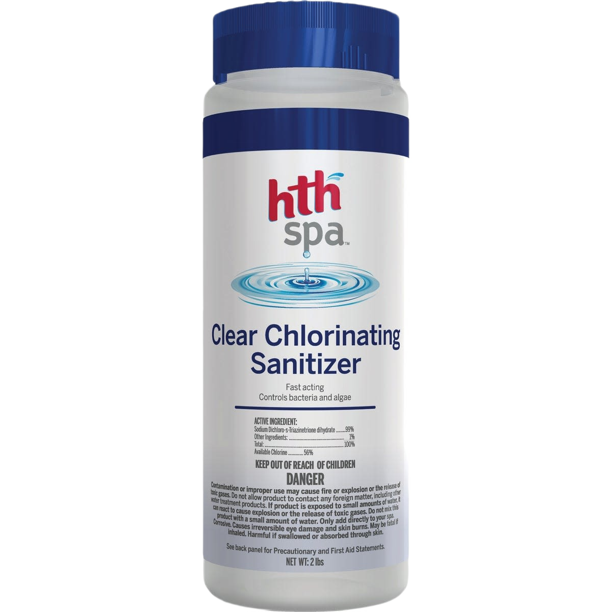 White bottle of pool sanitizer granules with blue cap and label featuring water ripple graphic for spa care