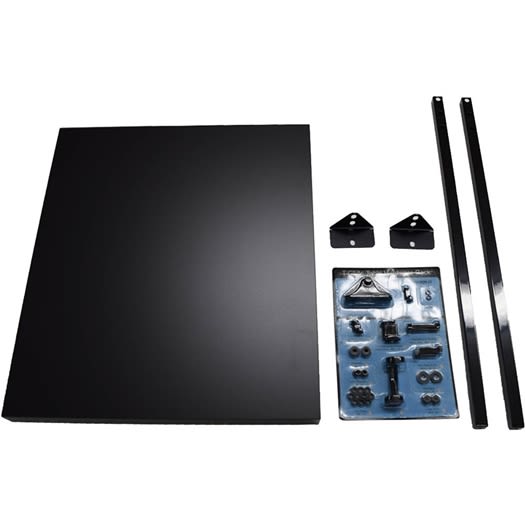 Black flat extension table panel with metal rails, mounting brackets, and assorted hardware for home improvement tools