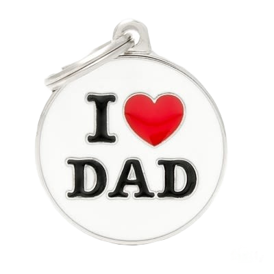 White circular ID tag with "I love Dad" message in black and red for personalized family gifts