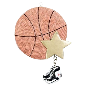 Basketball ornament with textured ball, gold star accent, and hanging sneakers from Christmas Ornaments & Tree Decorations under $50 collection
