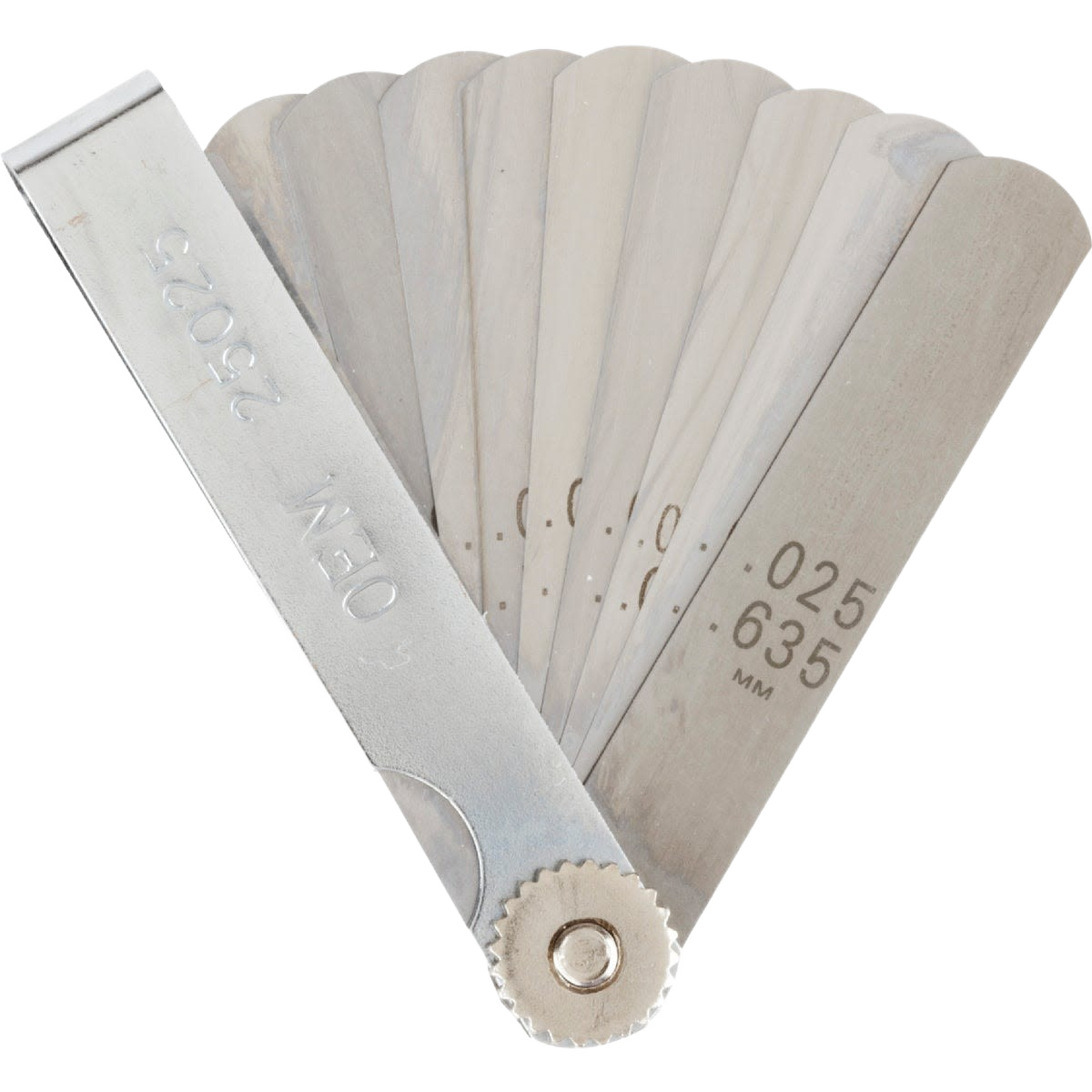 Set of metal precision thickness gauge blades with stamped decimal and metric measurements for parts and lubricants collection