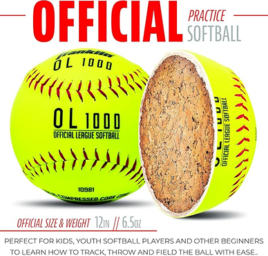 Bright yellow 12-inch fastpitch practice softball with red stitching for outdoor games in toys and games collection