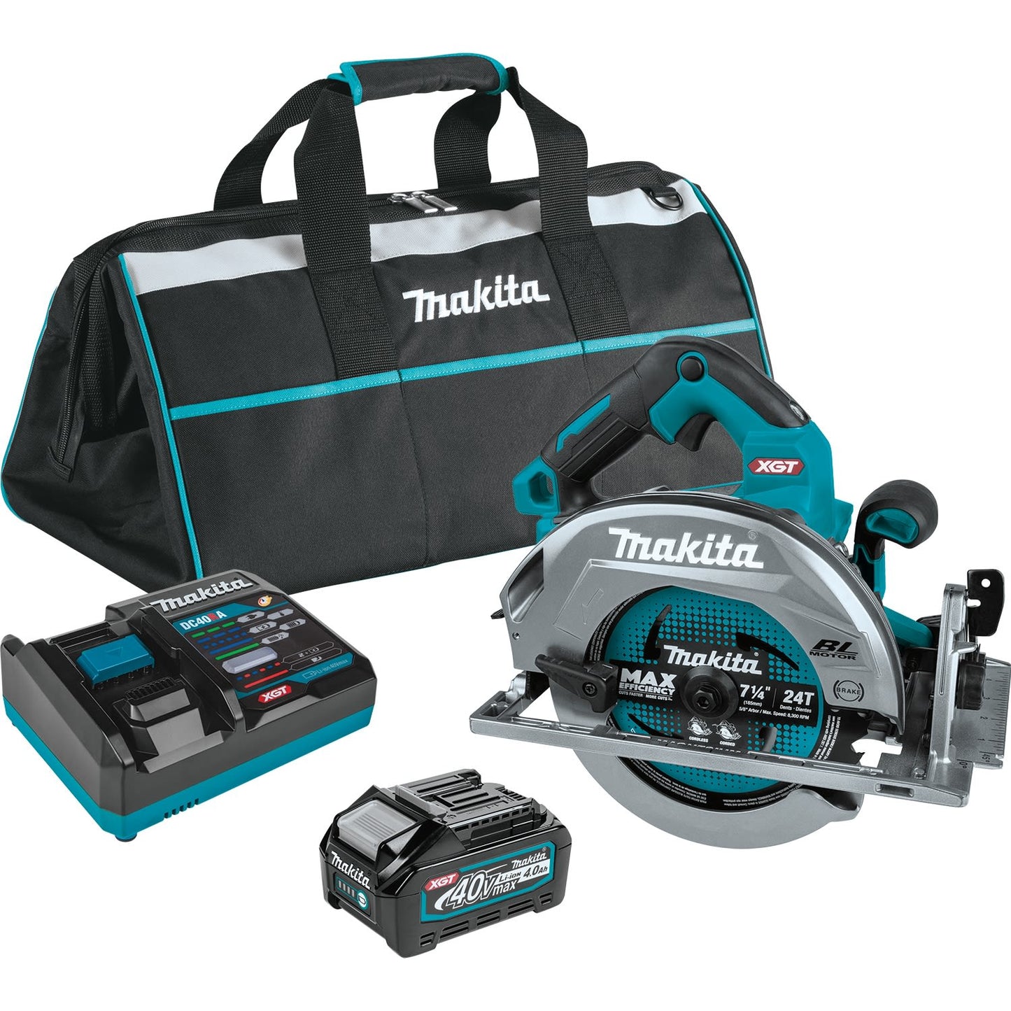 Cordless circular saw kit with battery, charger, and black carrying bag designed for tools and home improvement tasks