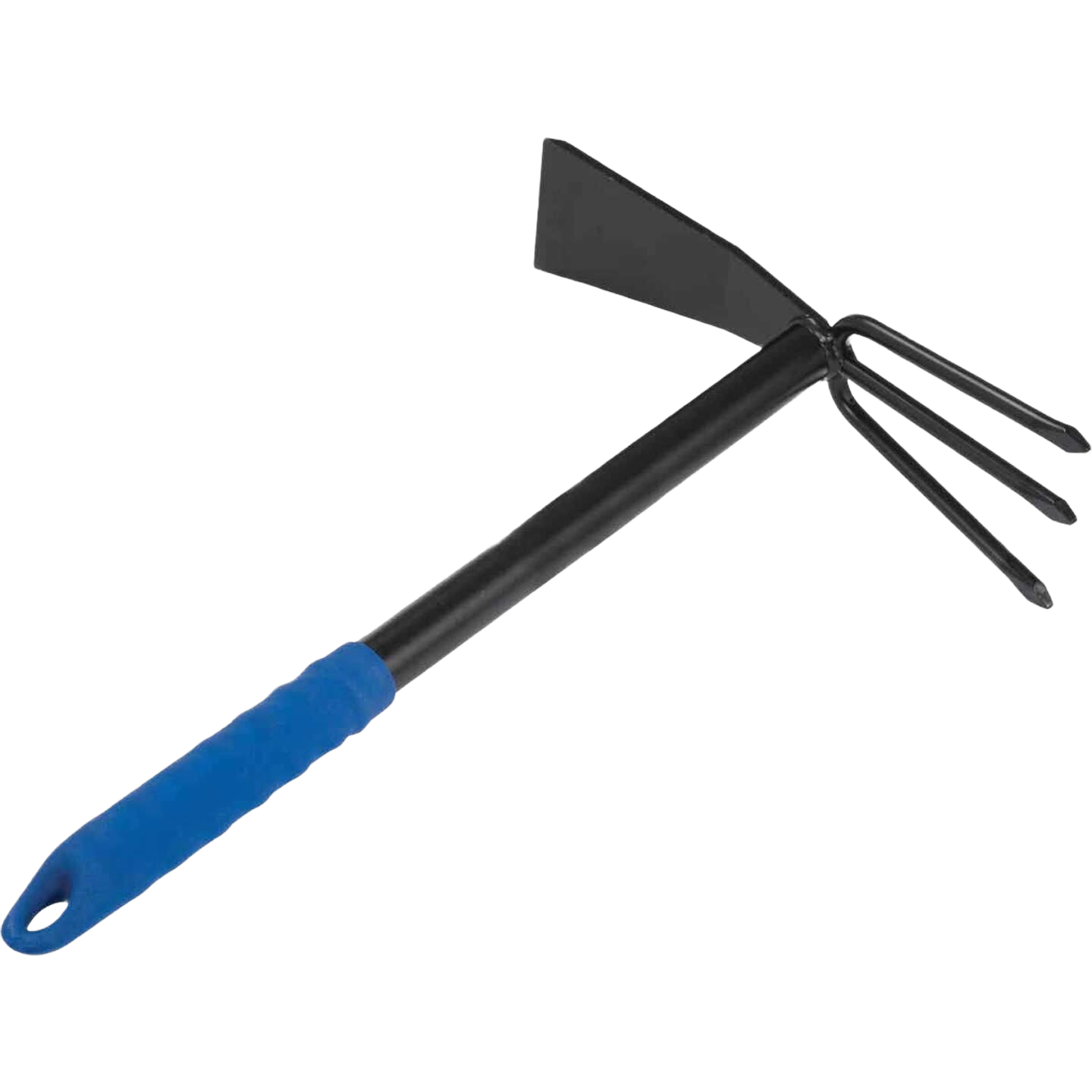 Garden hand cultivator with black metal tines and blade, featuring a blue ergonomic grip for home improvement tasks
