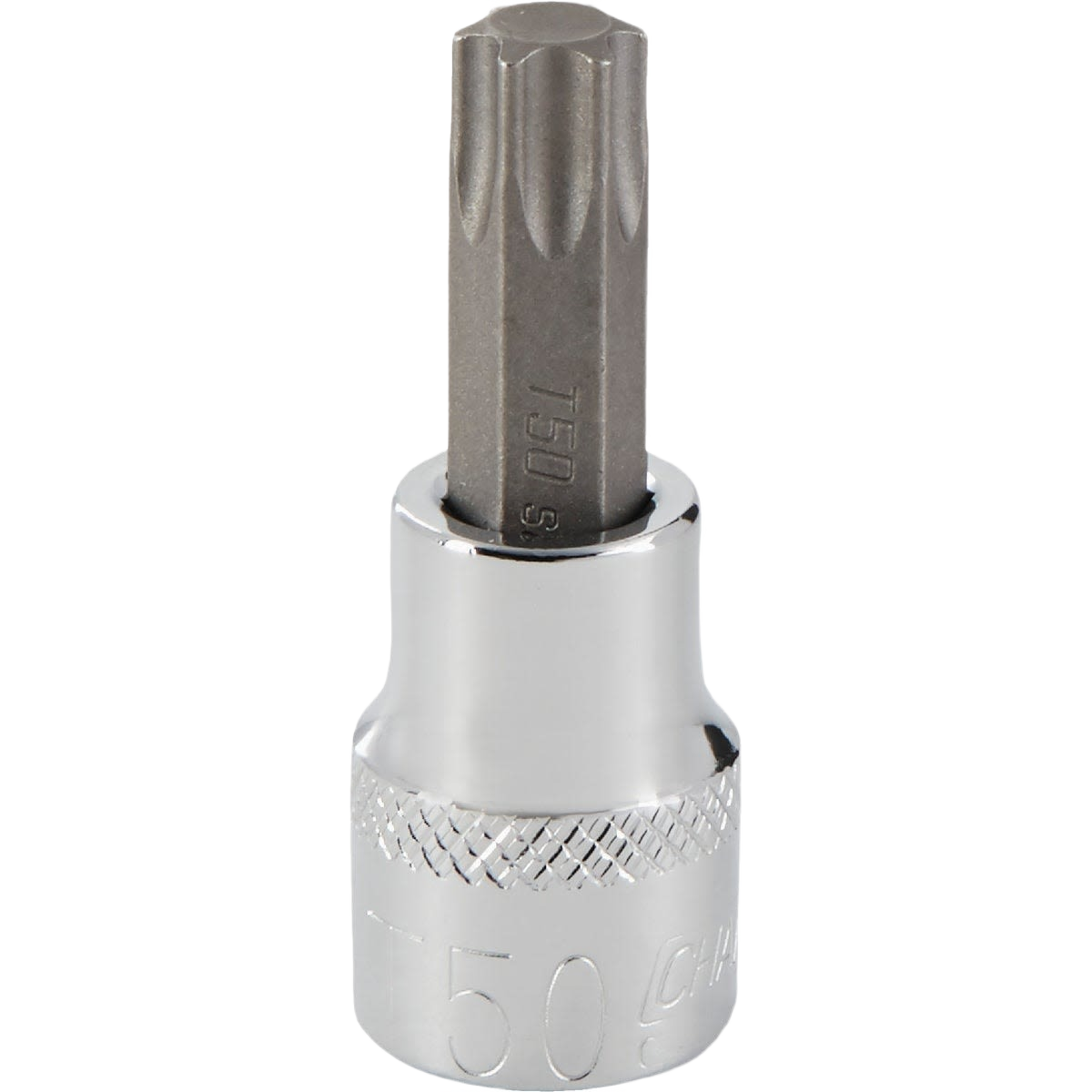 Chrome-finished 3/8 inch drive T50 6-point Torx bit socket designed for professional home improvement tools use
