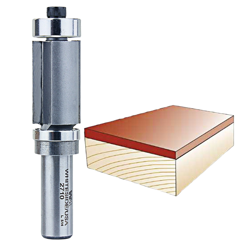 Combination flush trim bit with dual bearings for precise trimming of laminate and wood in power tool accessories.