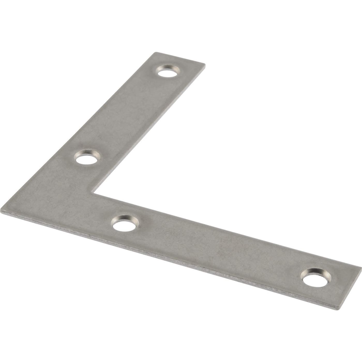 Flat stainless steel corner reinforcement plate with four pre-drilled holes for hardware and shelving support projects