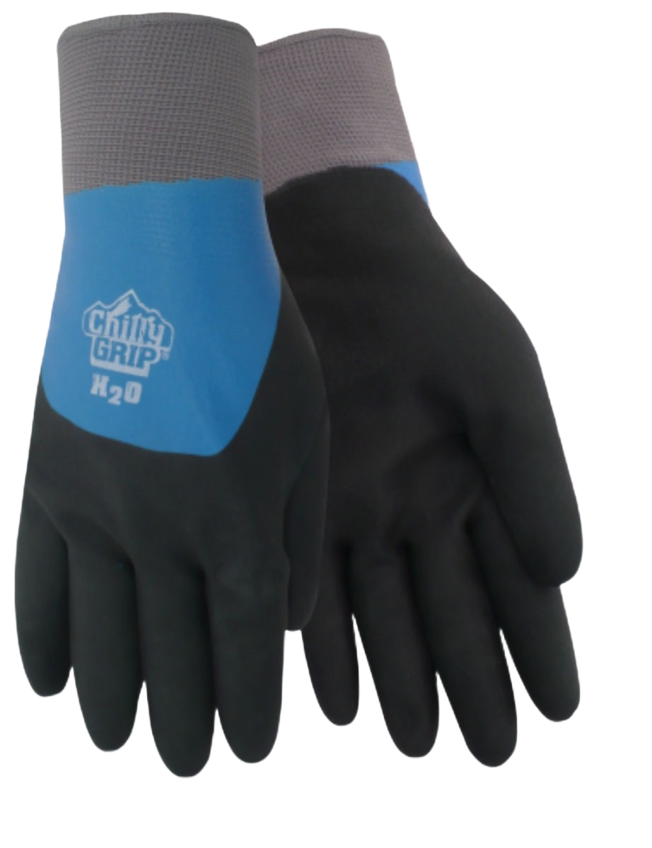Large waterproof gloves with blue and black grip and gray wrist cuffs for home improvement tasks