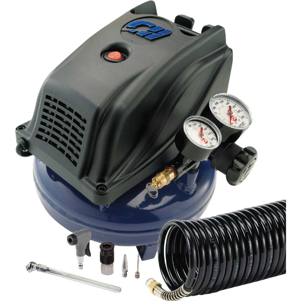 Compact blue pancake air compressor with pressure gauges, black housing, and included coiled hose and accessories for tools use