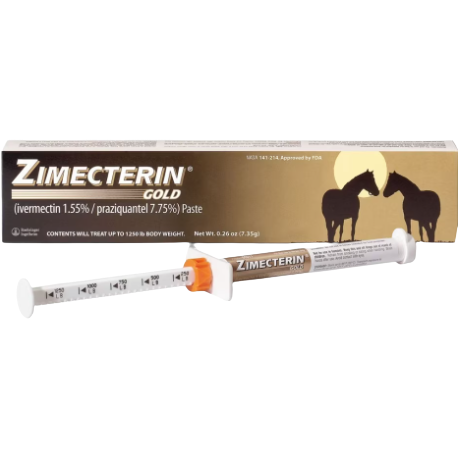 Equine dewormer paste syringe next to gold and brown package featuring horse silhouettes and dosing information