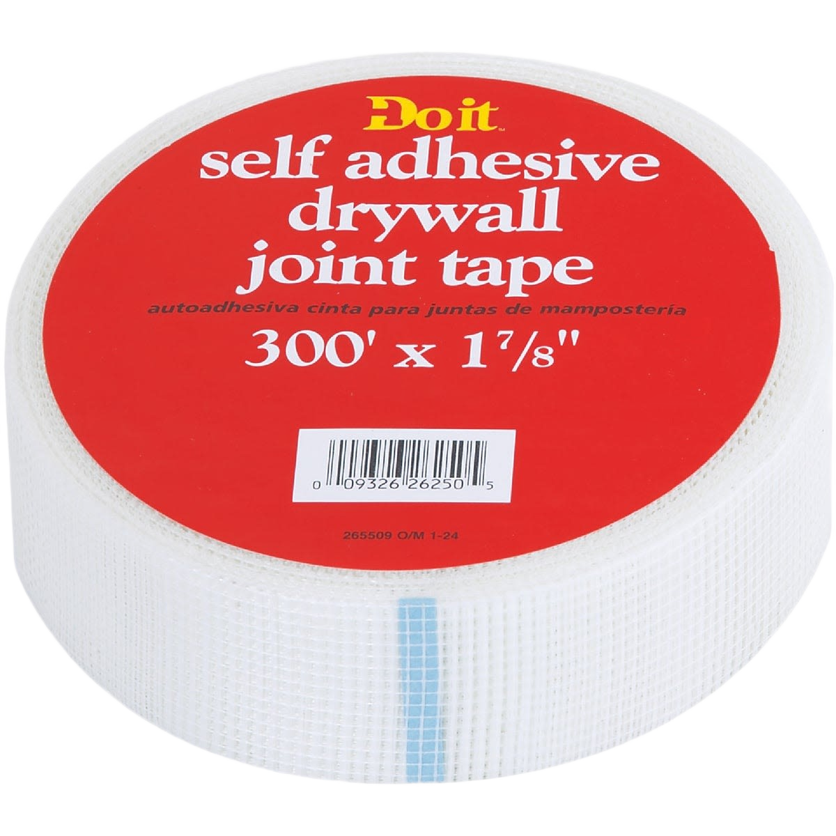 Roll of self-adhesive drywall joint tape with mesh texture for home improvement and drywall repair tasks