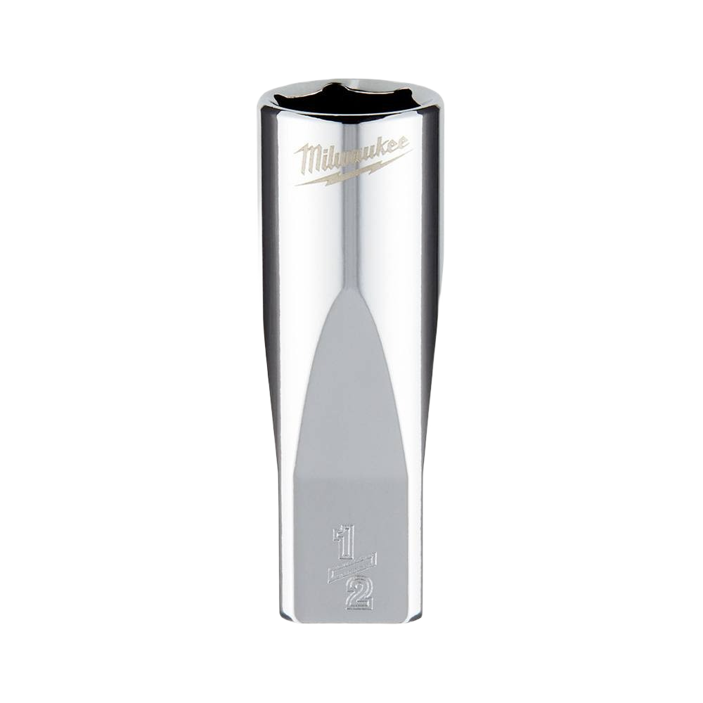 Chrome-finished 1/2 inch SAE socket with four flat sides to prevent rolling, part of Milwaukee hand tools collection