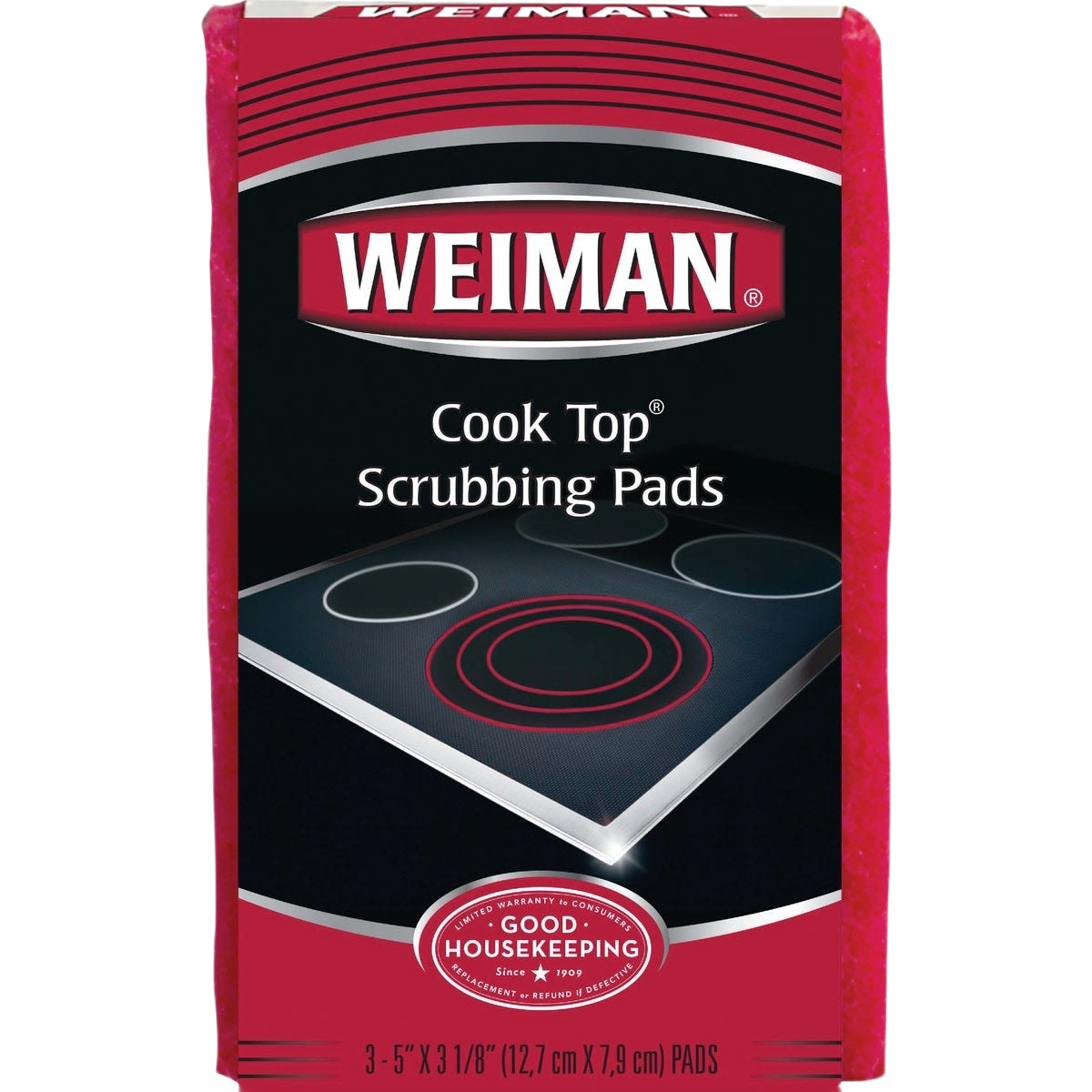 Package of three red scrubbing pads designed for cleaning glass and smooth cook tops in cleaning tool collections