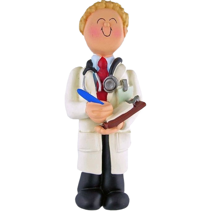 Blonde male doctor figurine with stethoscope and clipboard for Christmas Ornaments & Tree Decorations collection under $50